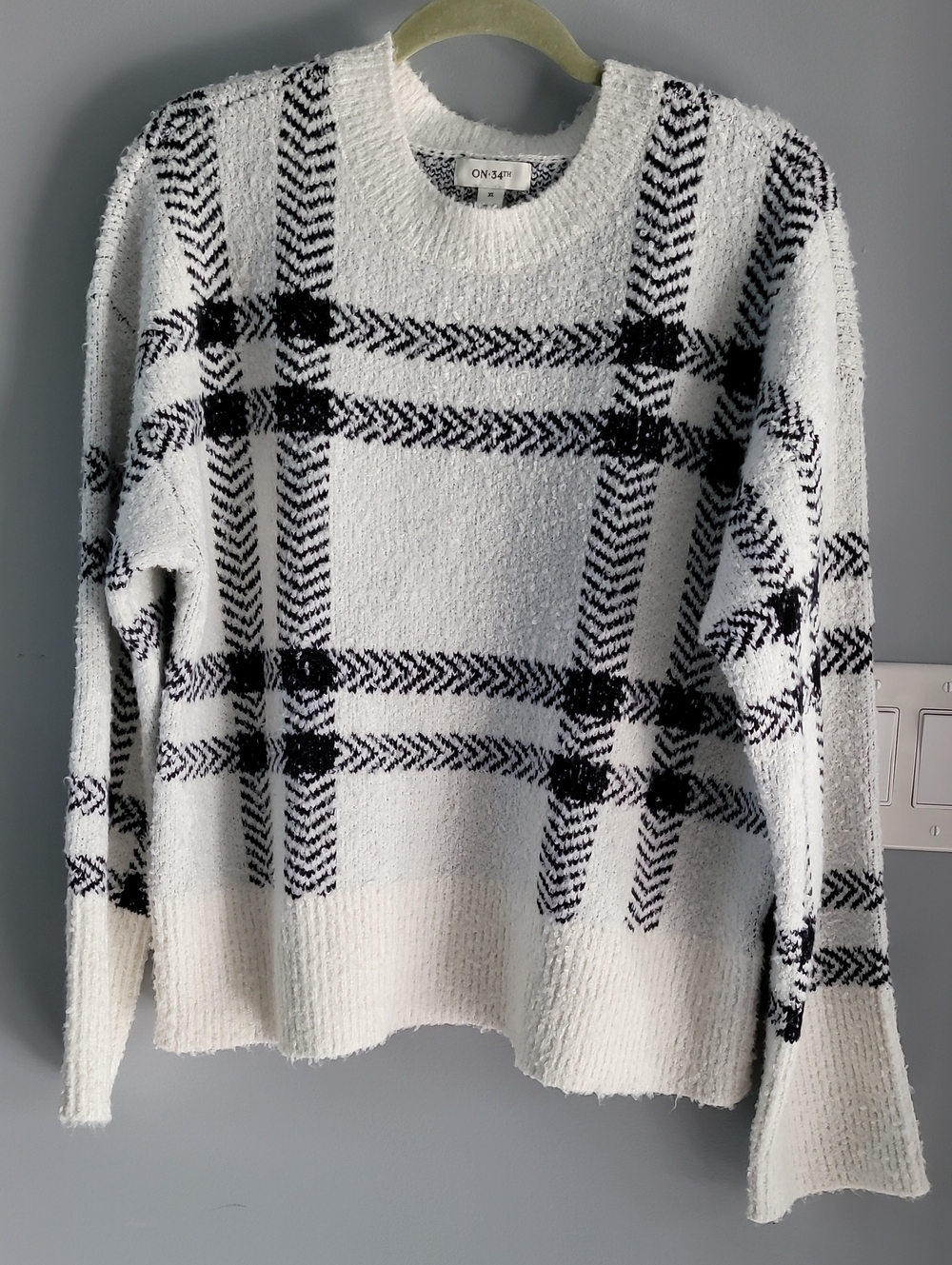 ON 34th White Crewneck Plaid Sweater